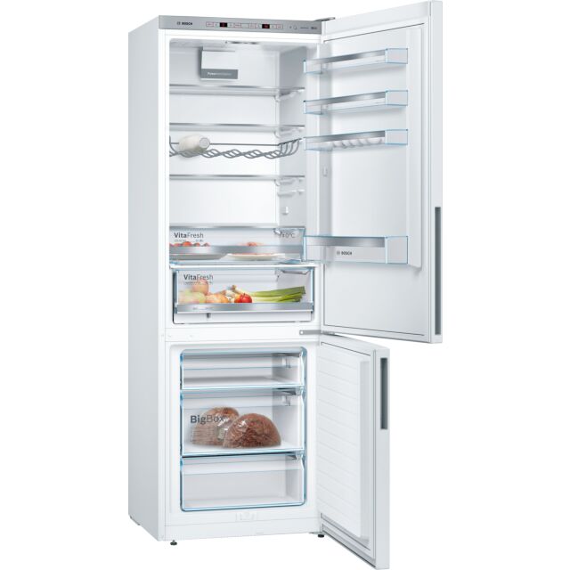 Bosch KGE49AWCAG 201x70, LowFrost fridge freezer, VitaFresh, LED light, Chrome bottle rack, Integrat