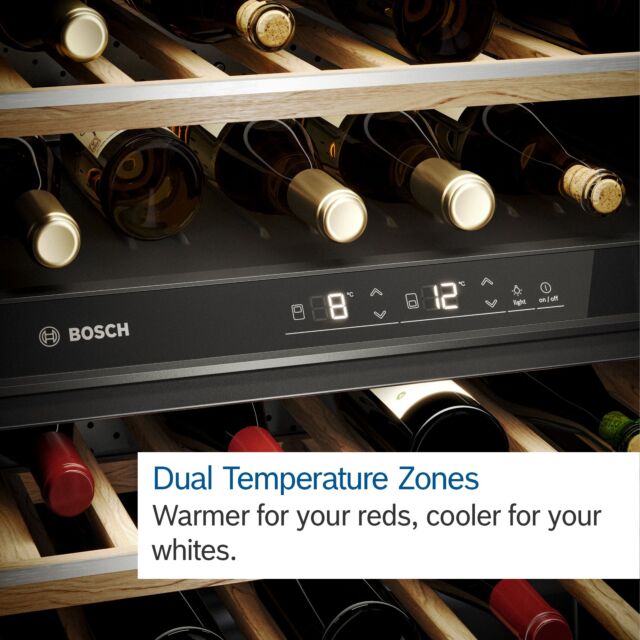 Bosch KWK36ABGAG 186X60 wine cabinet with reversible glass door, UV filter protection, 38dB, dual zo
