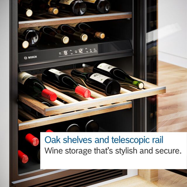 Bosch KWK36ABGAG 186X60 wine cabinet with reversible glass door, UV filter protection, 38dB, dual zo