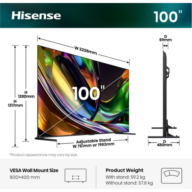 Hisense 100UR8STUK 4K Ultra HD RGB MiniLED TV Black