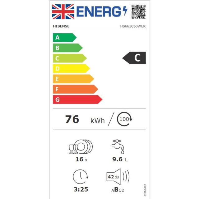 Hisense HS661C60WUK Hisense 60cm Full Size White 16 Place Settings Dishwasher