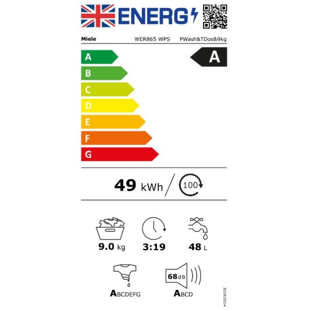 Miele WER865 WPS 9kg Honeycomb drum with pre-ironing and LED lighting, 1600rpm spin, Energy Rating (