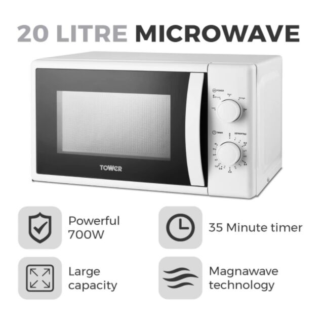 Tower T24034WHT 20 Litre 700W Manual Microwave With 5 Power Levels